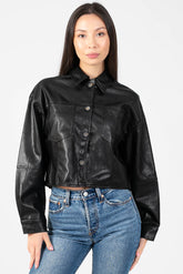 Avery Cropped Faux Leather Shacket