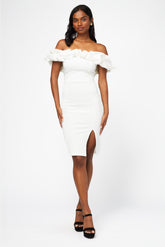 Coralie Off The Shoulder Ruffle Trim Midi Dress