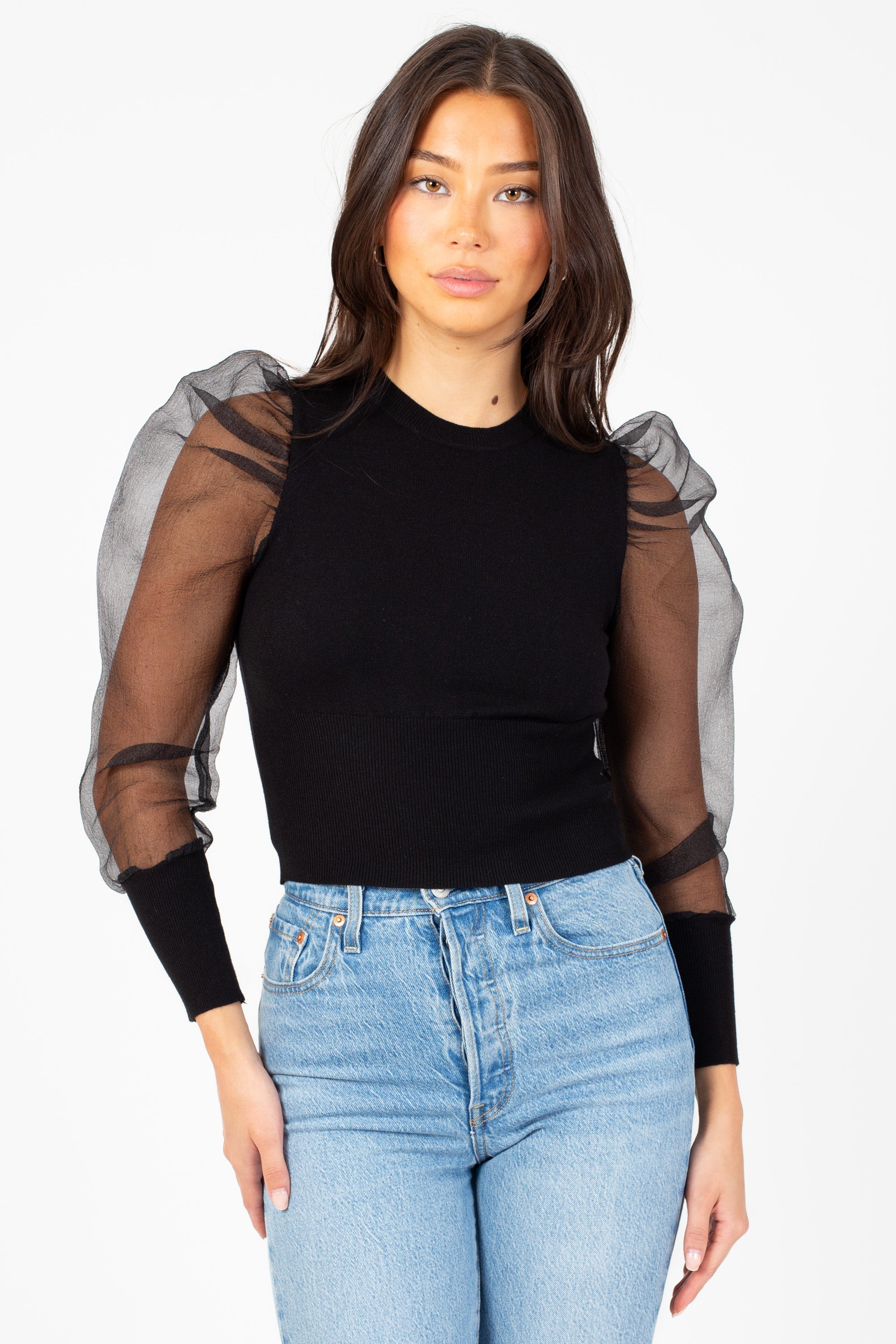Maddie Organza Puff Sleeve Knit Top