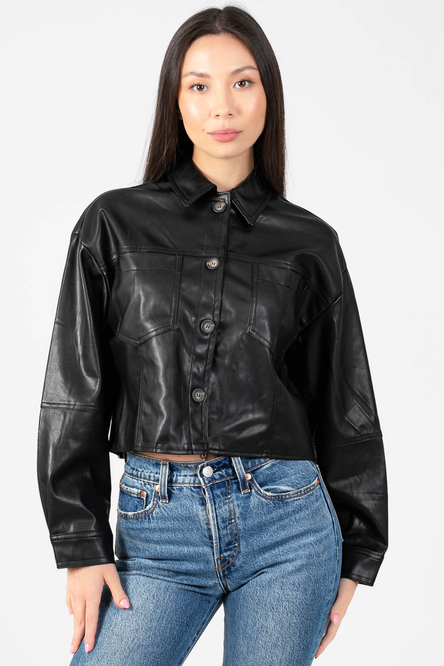 Avery Cropped Faux Leather Shacket