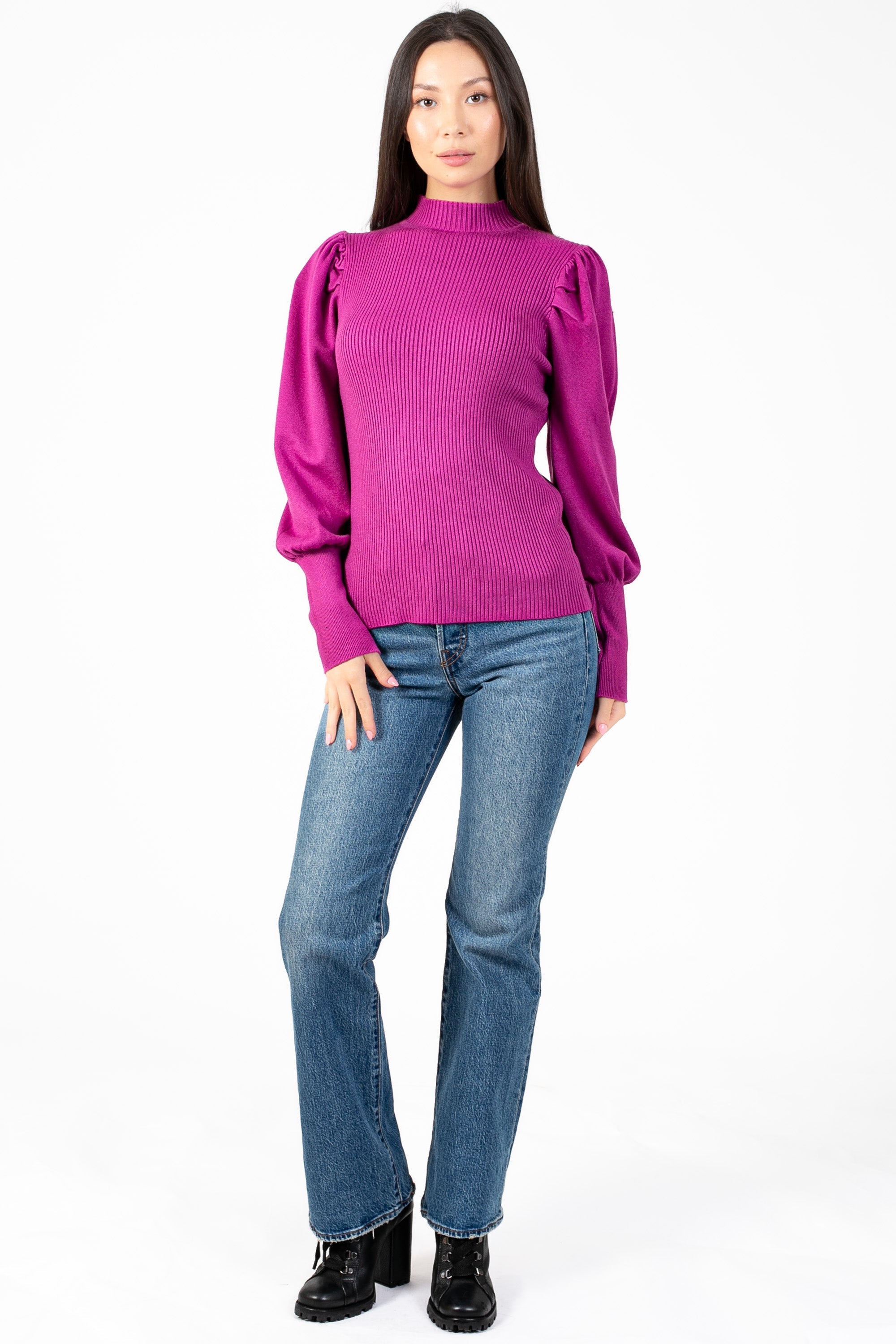 Kayla Ribbed Knit Puff Sleeve Sweater